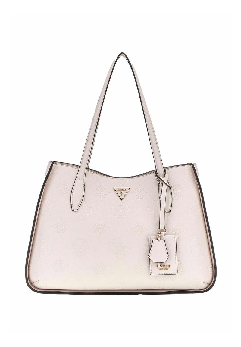 Borsa a tracolla in materiale sintetico testurizzato rosa chiaro, con parte superiore arcuata, rifiniture nere, logo in tonalità oro, charm staccabile, doppi manici.