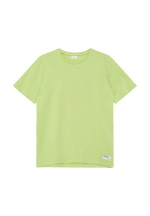 Hellgrünes Kurzarm-T-Shirt aus Baumwolle. Rundhalsausschnitt, lockere Passform, mit einem kleinen Etikett in der unteren linken Ecke.