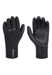 Black gloves made of flexible material with textured grip on palms, fitted shape, and a smooth finish on the back. Labels on wrist area.