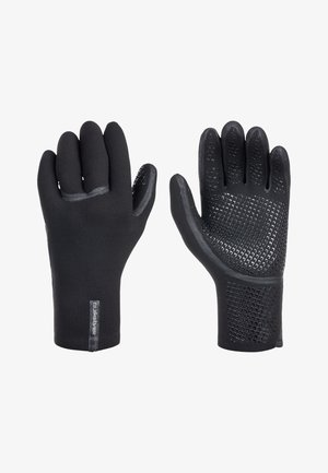 Gants noirs en matériau flexible avec une prise texturée sur les paumes, de forme ajustée et une finition lisse sur le dos. Étiquettes sur la zone du poignet.