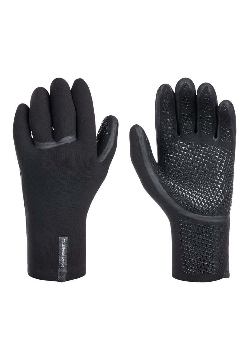 Black gloves made of flexible material with textured grip on palms, fitted shape, and a smooth finish on the back. Labels on wrist area.