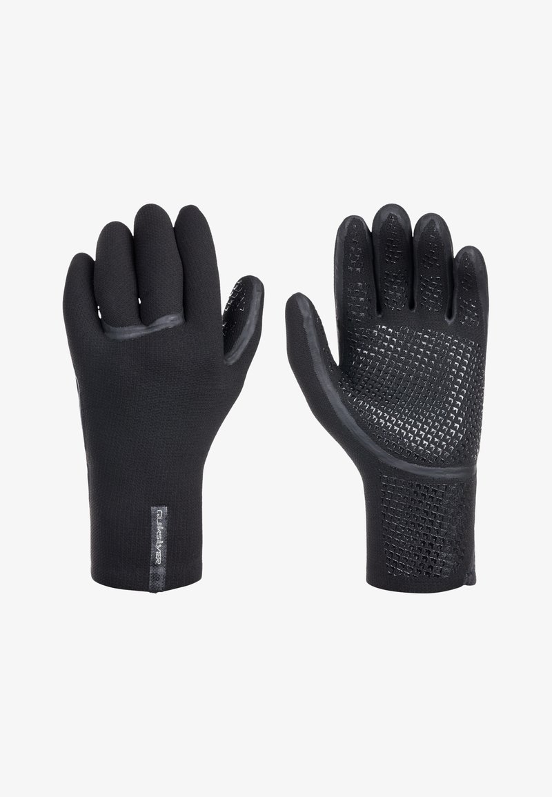 Black gloves made of flexible material with textured grip on palms, fitted shape, and a smooth finish on the back. Labels on wrist area.