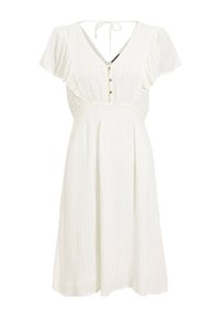 Weißes Kleid mit kurzen, rüschierten Ärmeln, V-Ausschnitt, vorn Knöpfen, gesmoktem Bund und vertikalem Strukturmuster. Eine gebundene Rückendetail setzt einen Designelement.