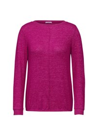 Pull à manches longues fuchsia en tissu tricoté doux et texturé. Dispose d'un col rond et de poignets côtelés. Design minimaliste.