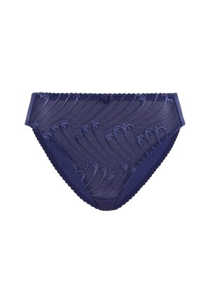 Slip bikini in pizzo blu navy con bordino smerlato e motivo a spirale ricamato su tessuto in mesh trasparente.