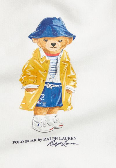 Illustration of a bear wearing a yellow raincoat, blue hat, striped shirt, and blue shorts with white shoes, on a white background.