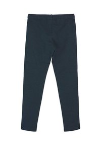 Marineblå yogaer lavet af strækbart stof, med et rent design, elastisk talje og ingen synlige mønstre eller ekstra detaljer.