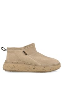 Stivaletti in suede beige con finitura liscia, suola in gomma elevata con macro macchie nere e linguetta sul retro.