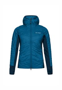 Teal geïsoleerde jas met een capuchon, met een geborduurde textuur, ritssluiting aan de voorkant en donkerblauwe zijpanelen. Logo weergegeven op de borst.