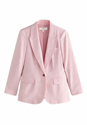 Blazer en lin rose clair à un bouton avec revers crantés, deux poches à rabat à l'avant et une poche poitrine passepoilée, présenté sur un fond blanc.
