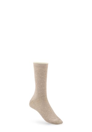 Chaussette beige à petits pois blancs, longueur mi-mollet, présentée sur fond blanc.