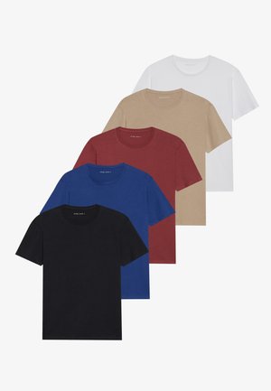 Set aus fünf Unisex-T-Shirts in Schwarz, Blau, Rot, Beige und Weiß. Hergestellt aus weicher Baumwolle, mit kurzen Ärmeln und klassischem Rundhalsausschnitt.