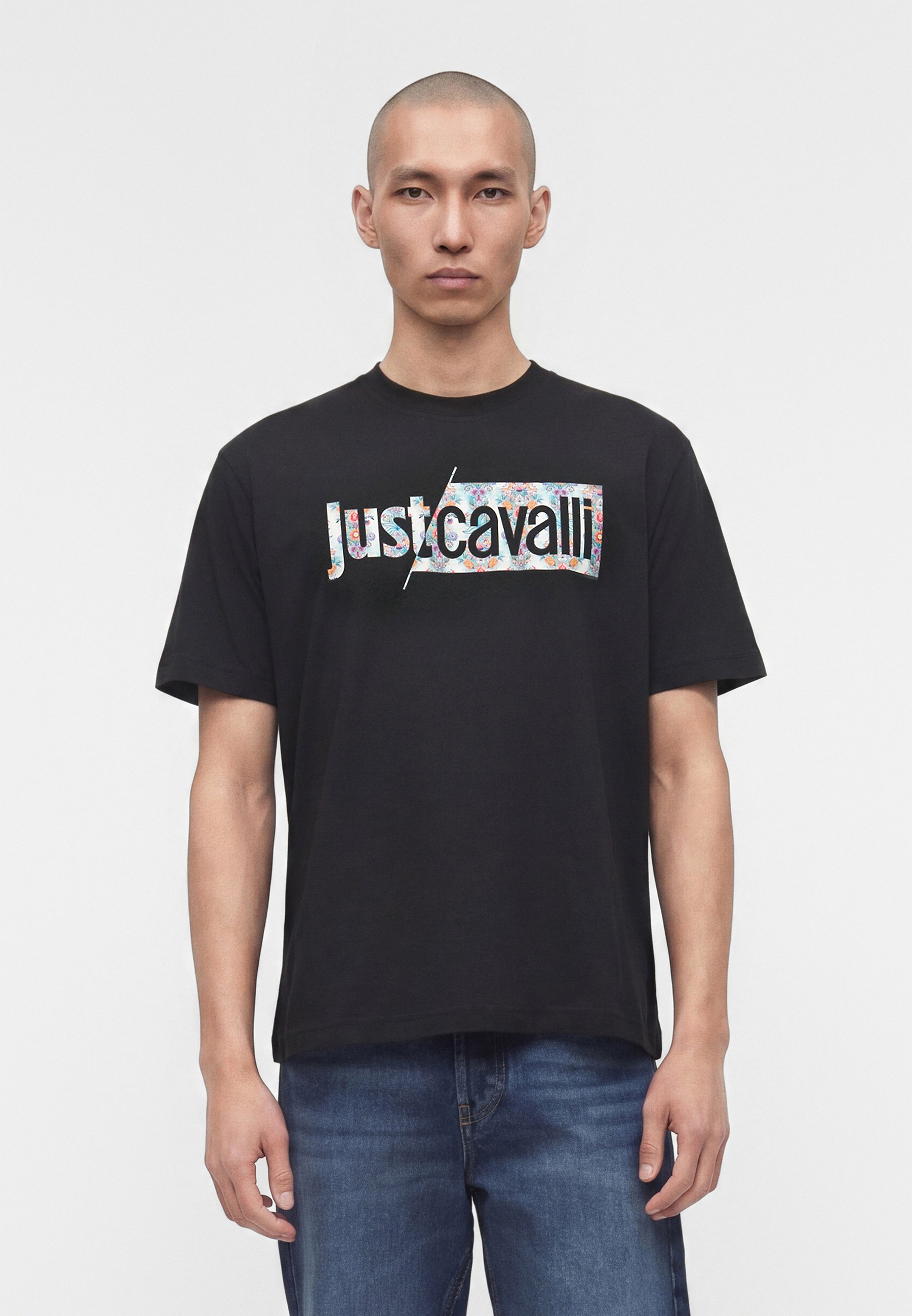Just Cavalli LOGO SLASH TROPICAL - T-shirt estampada - black/preto