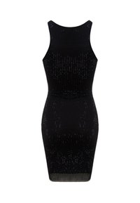 Robe noire en tricot avec une coupe ajustée, sans manches et un motif текстuré d'accents réfléchissants en petits points sur l'ensemble du tissu.