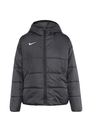 Schwarze, wattierte Nike Kapuzenjacke mit Frontreißverschluss und seitlichen Reißverschlusstaschen, mit dem weißen Nike Swoosh-Logo auf der Brust.