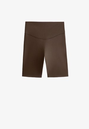 Pantaloni scurți maro, ajustați, dintr-un material moale și elastic. Aceștia au un talie înaltă și o textură netedă, fără modele sau accente vizibile.