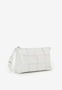 White woven clutch bag with subtle orange stitching, zip closure, and detachable shoulder strap. Smooth texture, rectangular shape.