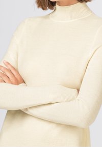 Pull à col roulé beige en tissu doux. Doté d'un col et de poignets côtelés, d'une texture lisse et d'une coupe ajustée avec manches longues.