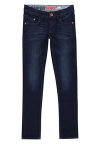 Dunkelblaue Denim-Jeans mit einer taillierten Passform, mittelhoher Taille, goldfarbener Hardware und dezenten Verblassungen an der Vorderseite.
