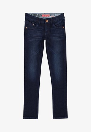 Jean en denim bleu foncé au design ajusté, avec une taille mi-haute, des accessoires en métal doré et un léger délavage sur l'avant.