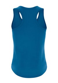 Sleeveless tank top in solid blue, made of soft cotton blend. Features a rounded neckline and racerback design, smooth texture with no embellishments.
