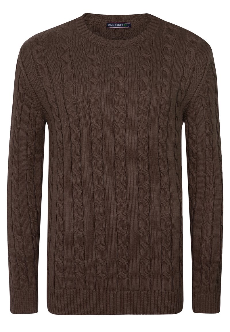 Pull en maille torsadée marron avec un col rond, des poignets et un ourlet côtelés. Présente un motif texturé avec des motifs en relief alternés.