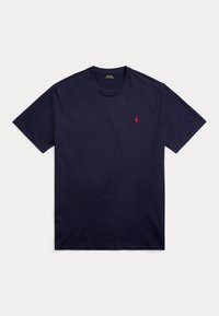 Marineblaues Kurzarm-T-Shirt mit Rundhalsausschnitt und kleinem rot besticktem Polo Ralph Lauren Logo auf der linken Brust.