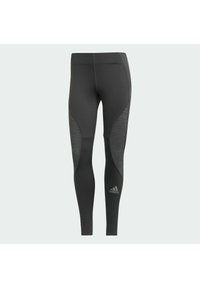 Leggings sportivi neri caratterizzati da un tessuto liscio con pannelli laterali testurizzati, design aderente e un piccolo logo del marchio sulla parte inferiore della gamba.