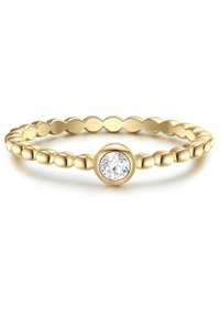 Zelta gredzens ar pērlēm rotātu dizainu, centrā ar apaļu caurspīdīgu dārgakmeni. Gluda tekstūra, pulēts apdare un vienmērīga zelta krāsa.