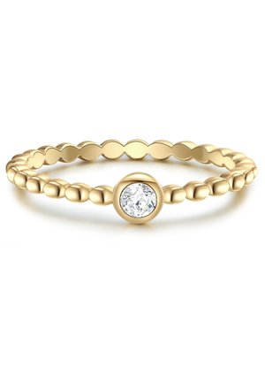 Goldring mit einem perlenförmigen Design, das einen zentralen runden klaren Edelstein zeigt. Glatte Textur, polierte Oberfläche und ein einheitlicher Goldton.