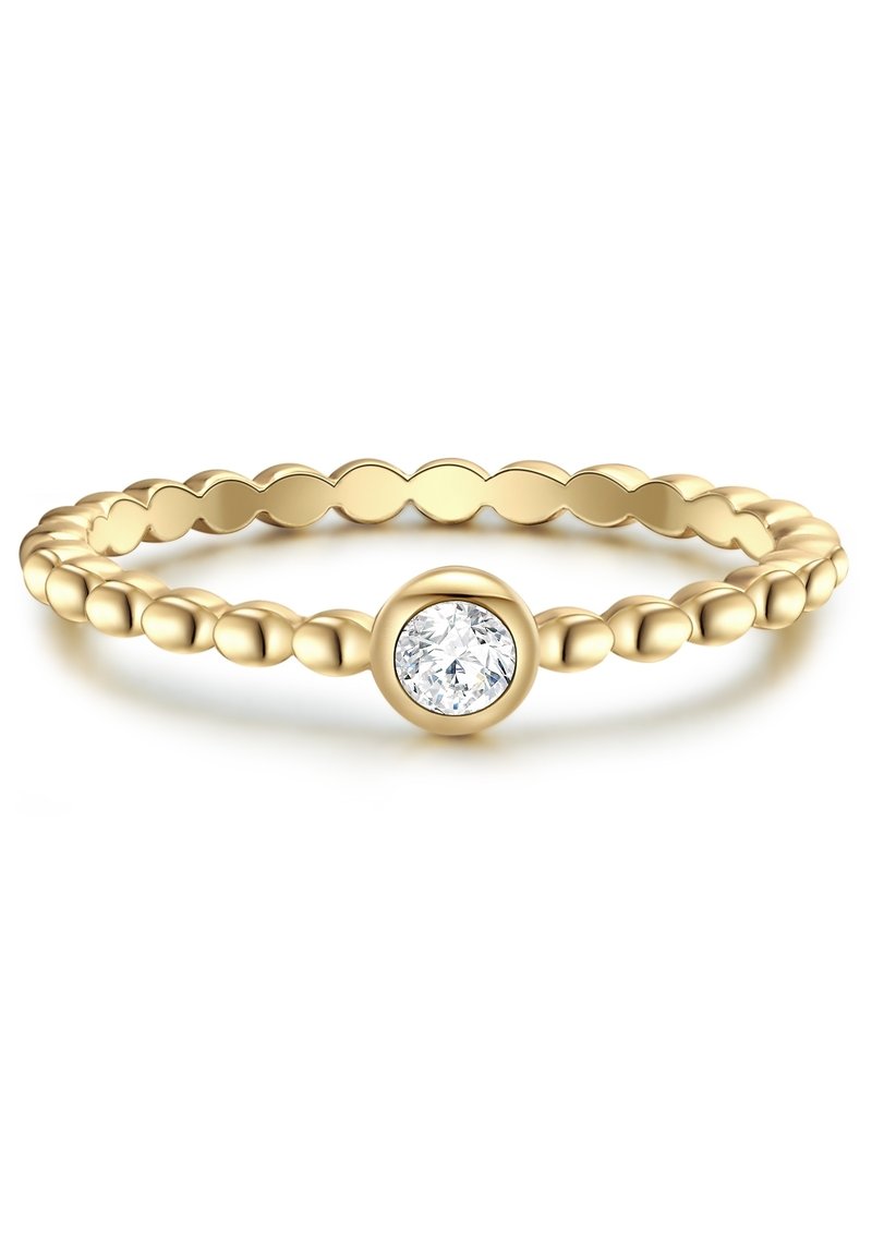 Zelta gredzens ar pērlēm rotātu dizainu, centrā ar apaļu caurspīdīgu dārgakmeni. Gluda tekstūra, pulēts apdare un vienmērīga zelta krāsa.