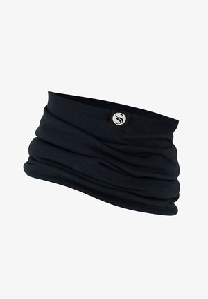 Black fabric neck warmer with a soft, textured finish. Features a gathered design and a small logo tag on one side.