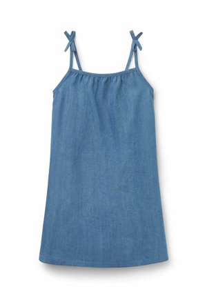 Blaues ärmelloses Kleid mit Bindebändern und gerafftem Ausschnitt, flach auf weißem Hintergrund liegend.