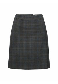 Jupe en laine à carreaux gris foncé avec silhouette en A, ceinture, et fermeture latérale à boutons.