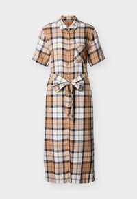 Καρό φόρεμα με κουμπιά σε καφέ, κρεμ και ναυτικό μπλε, με κοντά μανίκια, τσέπη στο στήθος και ζώνη στη μέση που δένει για ρυθμιζόμενη εφαρμογή.