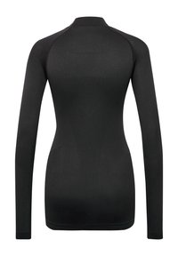 Czarna, dopasowana bluzka z długim rękawem, wykonana z teksturowanej, elastycznej tkaniny. Posiada wysoki kołnierz oraz bezszwową konstrukcję, zapewniającą komfort i swobodę ruchów.