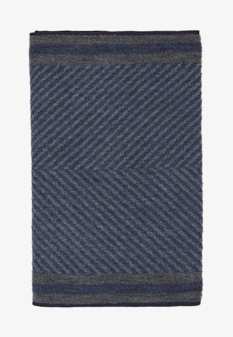 Tapis rectangulaire bleu et gris avec un motif à rayures diagonales et des bandes horizontales unies sur les bords supérieur et inférieur.