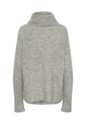 Harmaa poolopusero, joka on valmistettu pehmeästä neuloksesta. Siinä on rento leikkaus, pitkät hihat ja korkea kaulus, jossa on ribbikuviointi.
