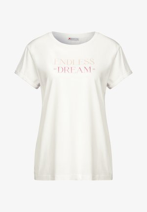 Weißes Baumwoll-T-Shirt mit kurzen Ärmeln, das den Text "ENDLESS DREAM" in hellrosa und die dekorative Jahreszahl "2025" darunter zeigt.