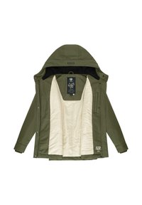 Green waterproof jacket with a beige inner lining, hood, and front snap closure. Features a label with decorative pattern at the neck.