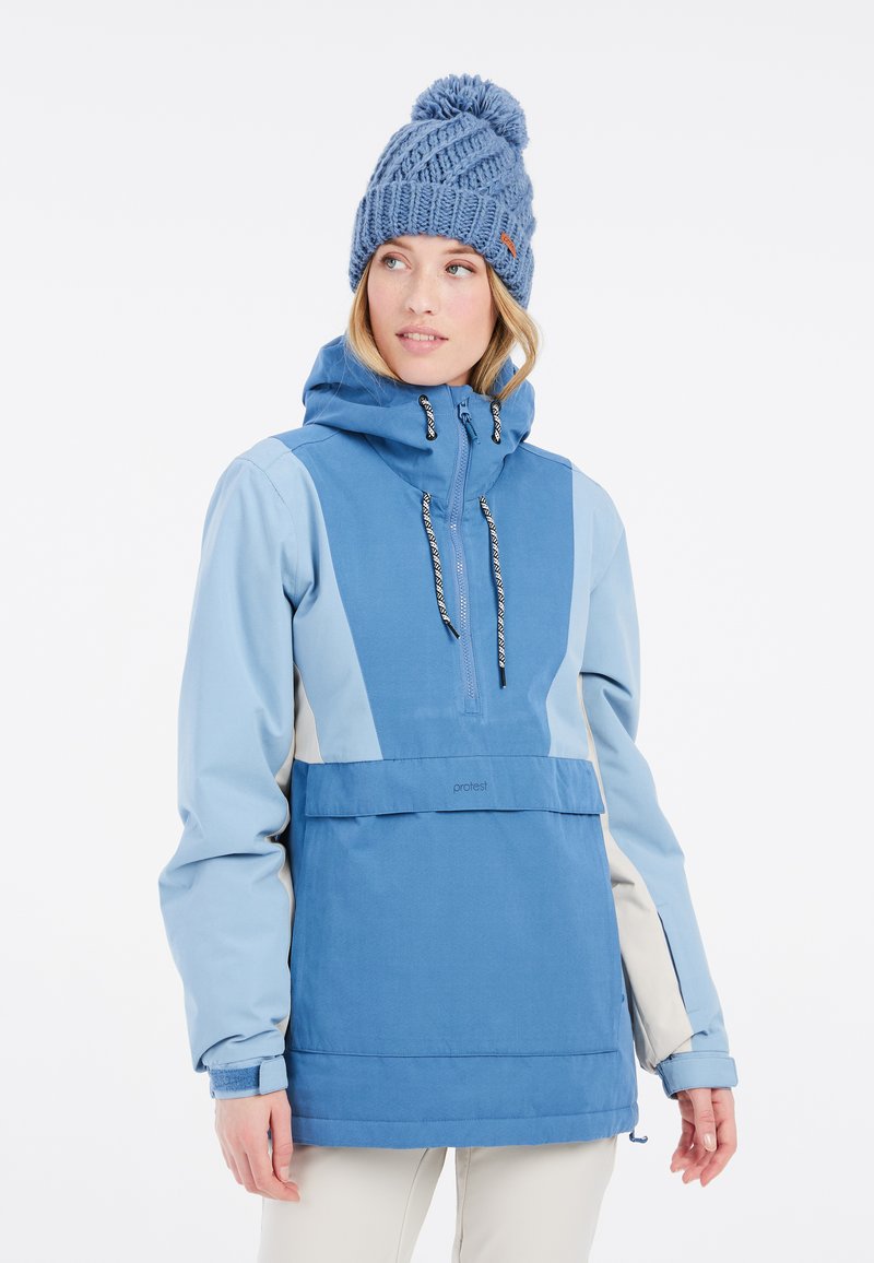 Giacca a pullover color block blu con cappuccio, dotata di una tasca frontale, coulisse regolabile e dettagli in un blu chiaro a contrasto.