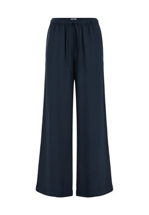 Temno modre široke hlače iz lahkega blaga, opremljene z elastičnim pasom in vrvico za zategovanje. Gladek teksturiran material z rahlo, tekočo obliko.