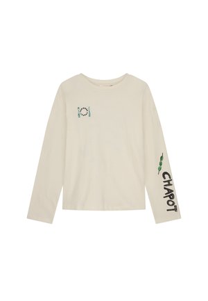 Lange mouwen crèmekleurig t-shirt van zachte stof met groene tekst en graphic print op de voorkant en zwarte tekst op de linkermouw.