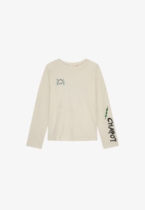 Lange mouwen crèmekleurig t-shirt van zachte stof met groene tekst en graphic print op de voorkant en zwarte tekst op de linkermouw.