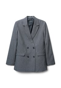 Grau gesteppter Zweireiher aus strukturiertem Stoff, mit Reverskragen, zwei vorderen Taschen und dunklen Knöpfen.