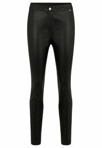 Pantalon noir taille haute en similicuir, coupe slim, avec fermeture à bouton et zip, présenté sur fond blanc uni.