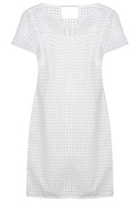 White short-sleeve dress with square cutout pattern, fitted silhouette, and keyhole opening at the back neckline.