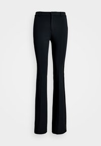 Čierne rozšírené nohavice z hladkej tkaniny. Má plochý pás vpredu, slim fit cez stehno a široký otvor nohavíc.