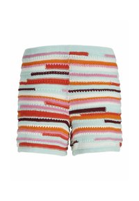 Pantalones cortos de punto con una base azul claro que presenta vibrantes rayas horizontales en naranja, rojo, rosa y marrón oscuro; tejido texturizado.