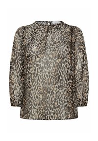 Blusa trasparente con maniche lunghe, scollatura rotonda e motivo a stampa leopardata in tonalità di marrone e beige. Presenta una chiusura sul retro.